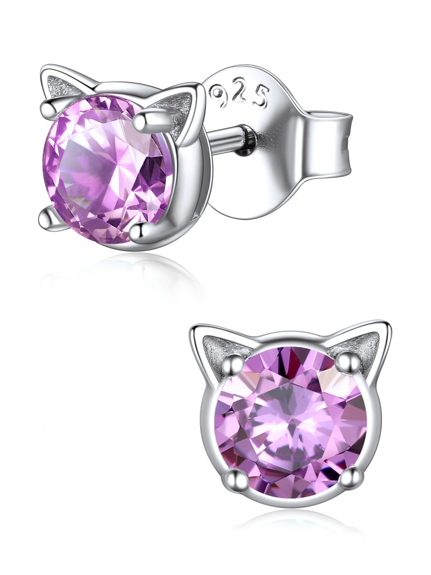 ChicSilver Cute Cat Earrings for Women - Hypoallergenic Sterling Silver Round Birthstone Cat Stud Earrings with Gift Box