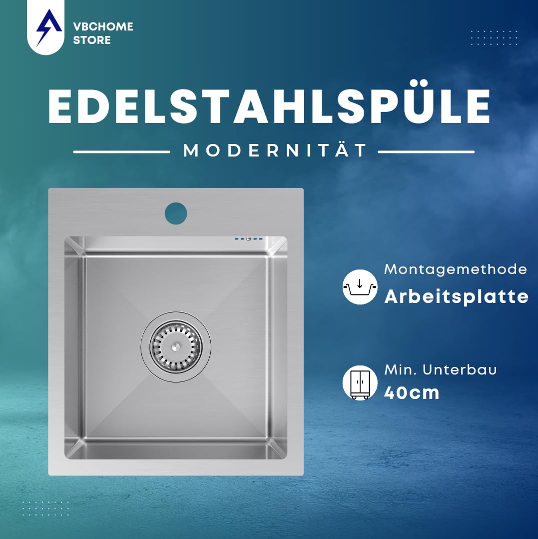 VBChome Edelstahlspüle mit Armatur 40 x 45 cm Gebürsteter Edelstahl Einbauspüle mit Hahnloch Edelstahl Küchenspüle Spüle Groß Becken Ablaufgarnitur Siphon Edelstahlspüle Armatur mit flexiblem Auslauf