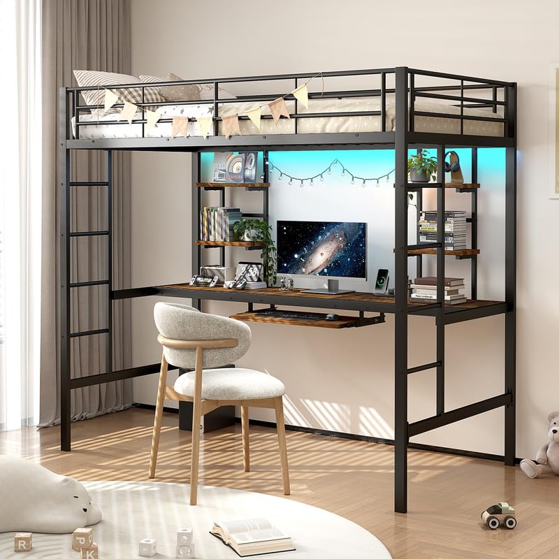 Cenbunsh Cama Alta con Escritorio, 90 X 190 cm, de Metal, 4 Estantes Y Bandeja para Teclado, Ideal para Dormitorios Universitarios, Apartamentos Pequeños, Dormitorios