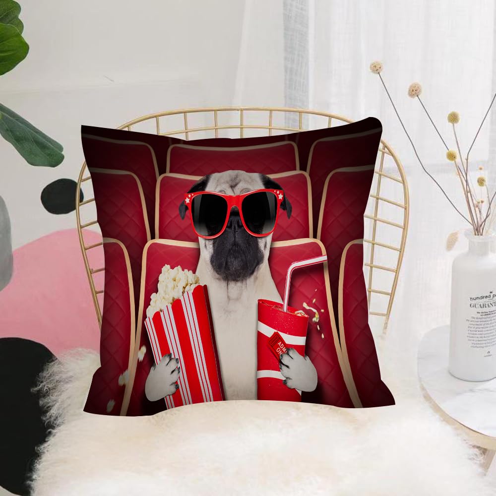 HYOSXW Cushion Cover,Throw Pillow Case Home Decorative for Living Room Bedroom Sofa Chair 16X16 Inch,Pug,Funny Dog Watching Movie Popcorn Soft Drink and Glasses Animal Photography,Pillowcase 40X40cm