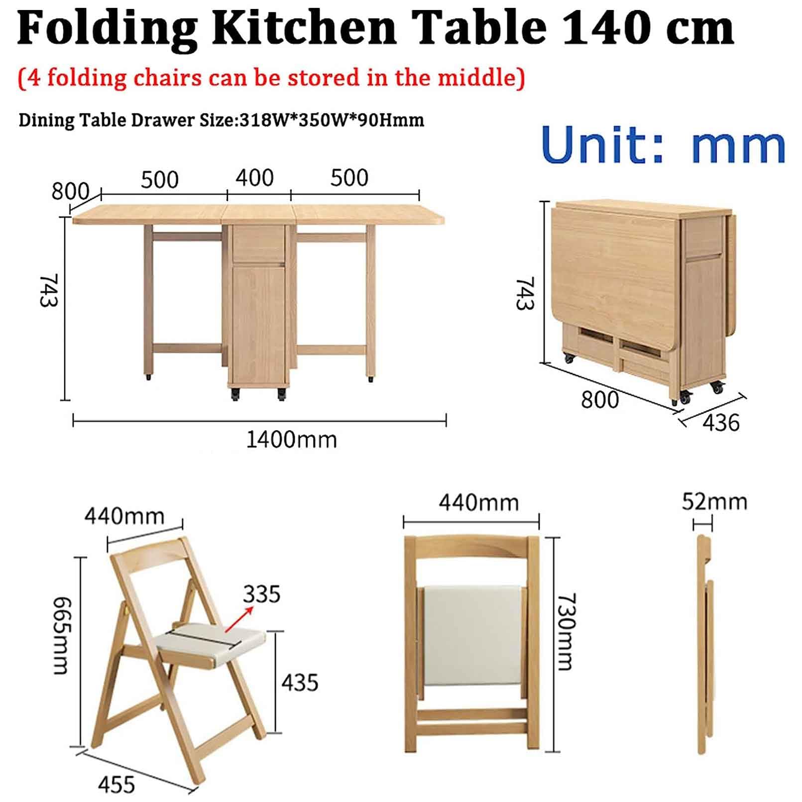 木製折りたたみダイニングテーブル 木製 折りたたみダイニング 5点セット/折りたたみテーブルとチェア4脚