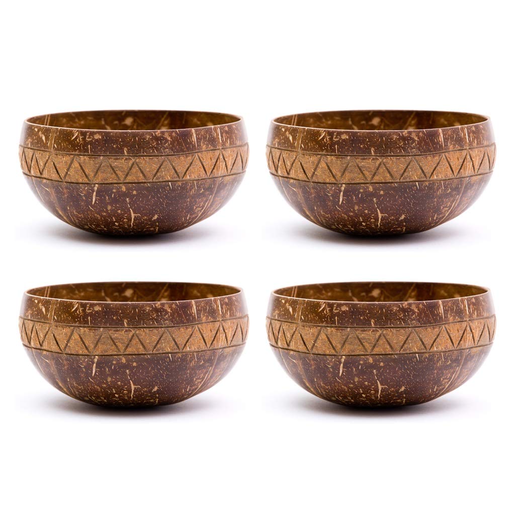 Rainforest Bowls Set of 4 Jumbo Zigzag Coconut Bowls, 4 Wooden Spoons & 4 Reusable Bamboo Straws - 100% Natural, Hand Carved by Artisans, Eco-Friendly & Sustainable - Smoothie/Acai/Salad Bowls