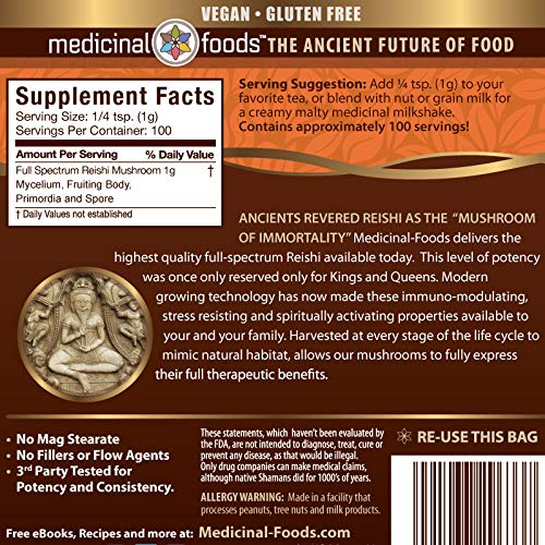Medicinal Foods Reishi Mushroom Powder - Highest Potency, Full-Spectrum, Soothing, Anti-Stress, for Smoothies & Tea, Organic, Vegan, Non-GMO, Gluten-Free (100 Servings)