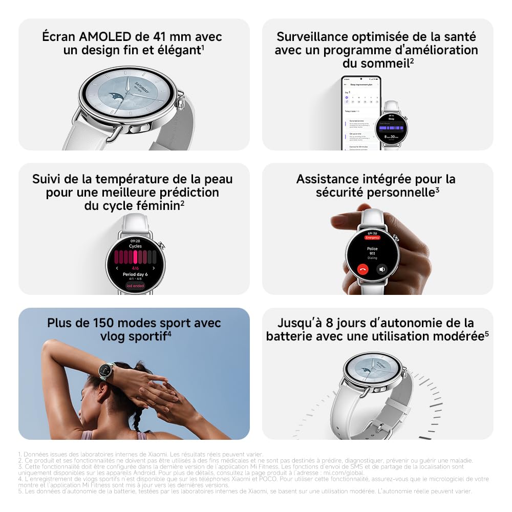 XIAOMI Watch S4 41mm, Montre connectée compacte, boîtier ultra-léger 32g, prédiction cycle menstruel, 150+ modes sportifs, HyperOS 3, Bracelet Cuir Blanc