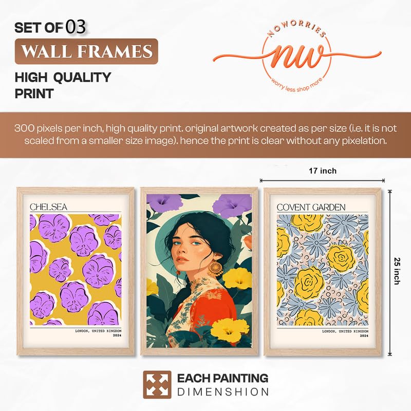 Image of NoWorries Modern Portrait Art & London Floral Wall Frames Paintings | Chelsea & Covent Garden Botanical 300 GSM Premium Prints | Stylish Home Decor for Living Room, Office & Bedroom | Synthetic Wooden Wall Art Frames (Set of-3) (NATURAL, ART-4, 17X25INCHES)