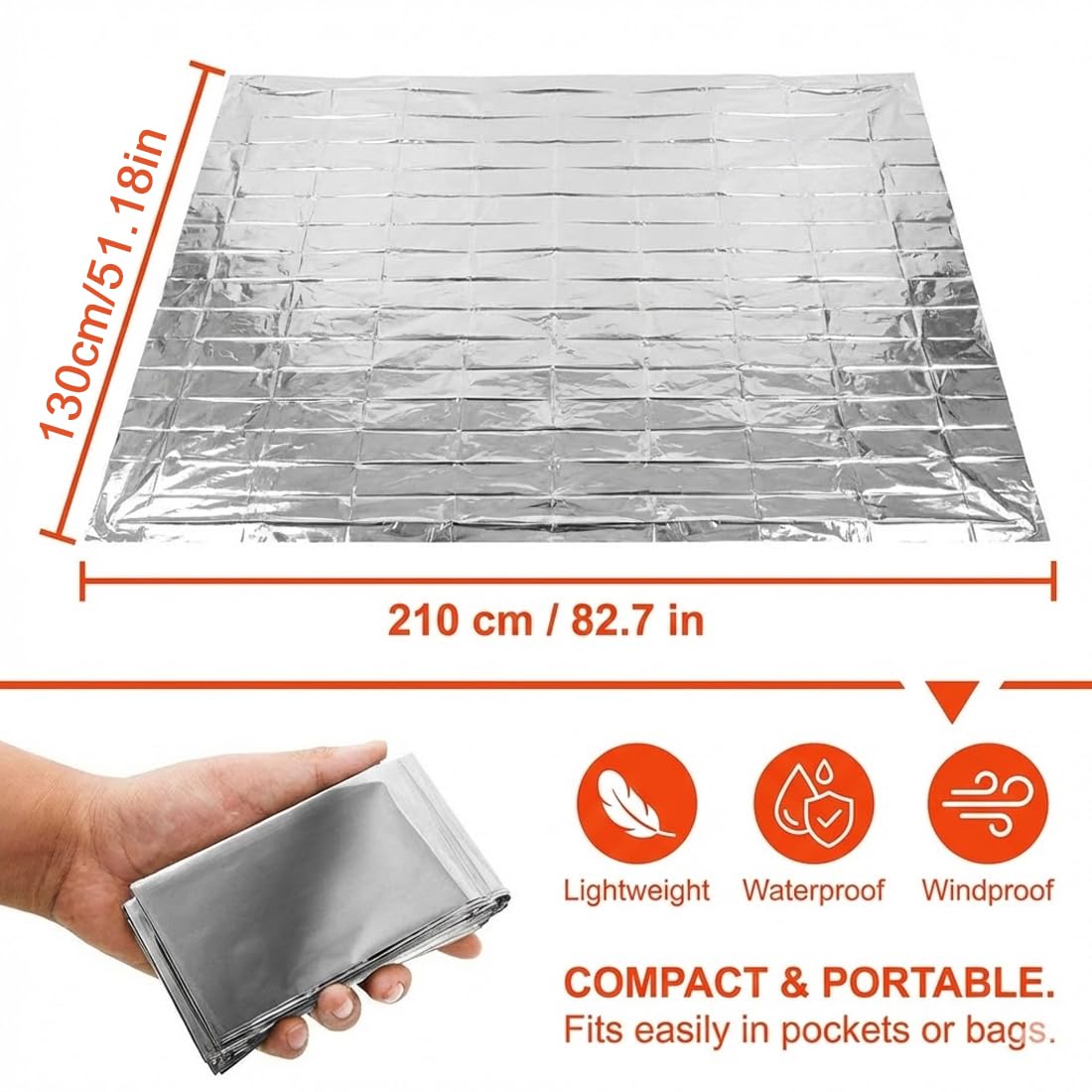 2 unidades Manta Térmica de Supervivencia Resistente al Desgarro y Agua, Coche, Botiquín, Camping, Montaña, Senderismo, Fría, Aislante para Primeros Auxilios (130 x 210 cm)