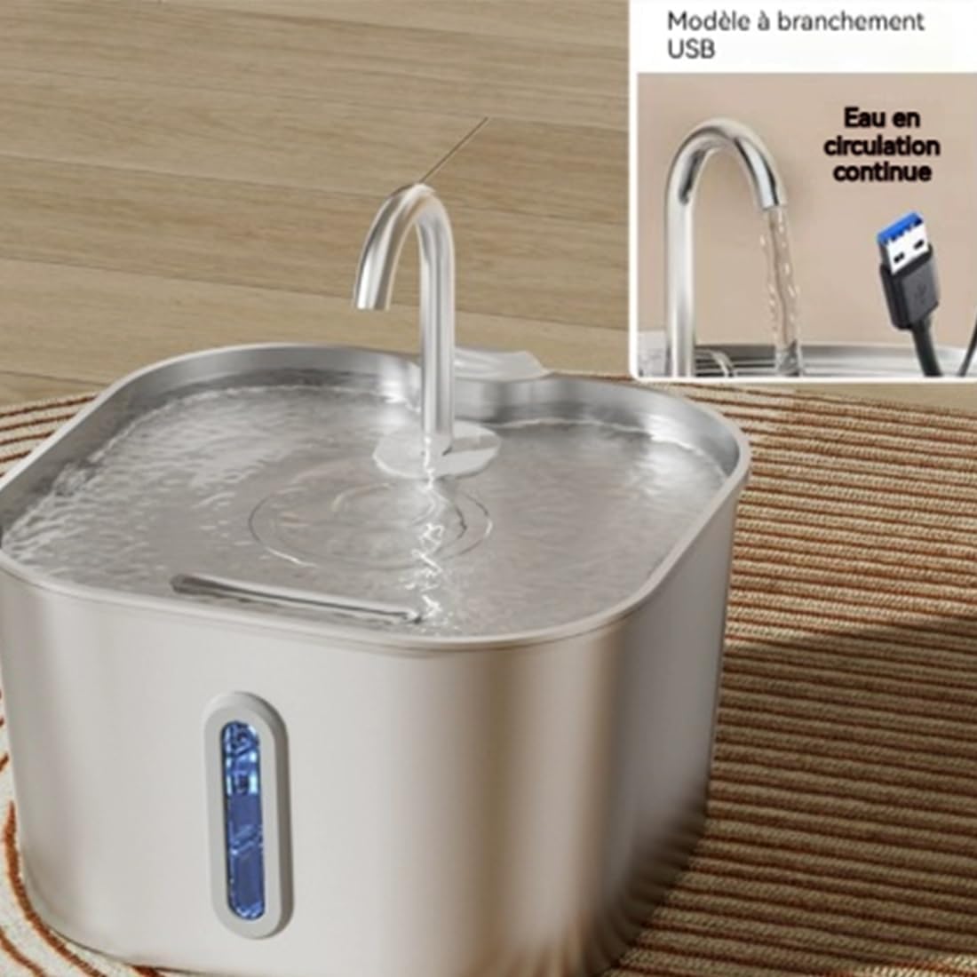 Fontaine Chat, 2,2l Fontaine à Eau pour Chat INOX, Silencieuse avec Triple Filtre, Distributeur Automatique, Facile à Mettoyer, LED Distributeur d'eau pour Chats, Chiens (1PC-A)