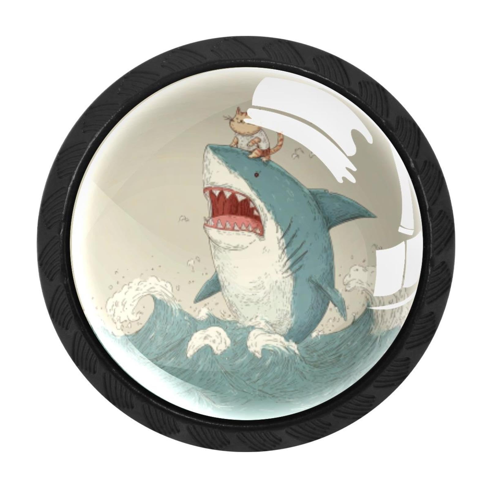 CHENZZZZ 4 Pieces Round Cabinet Knobs Funny Cat Riding Shark Ocean (4) Dresser Knobs Pulls Handles with Screws for Drawer Pulls Handles Knobs Door Knobs