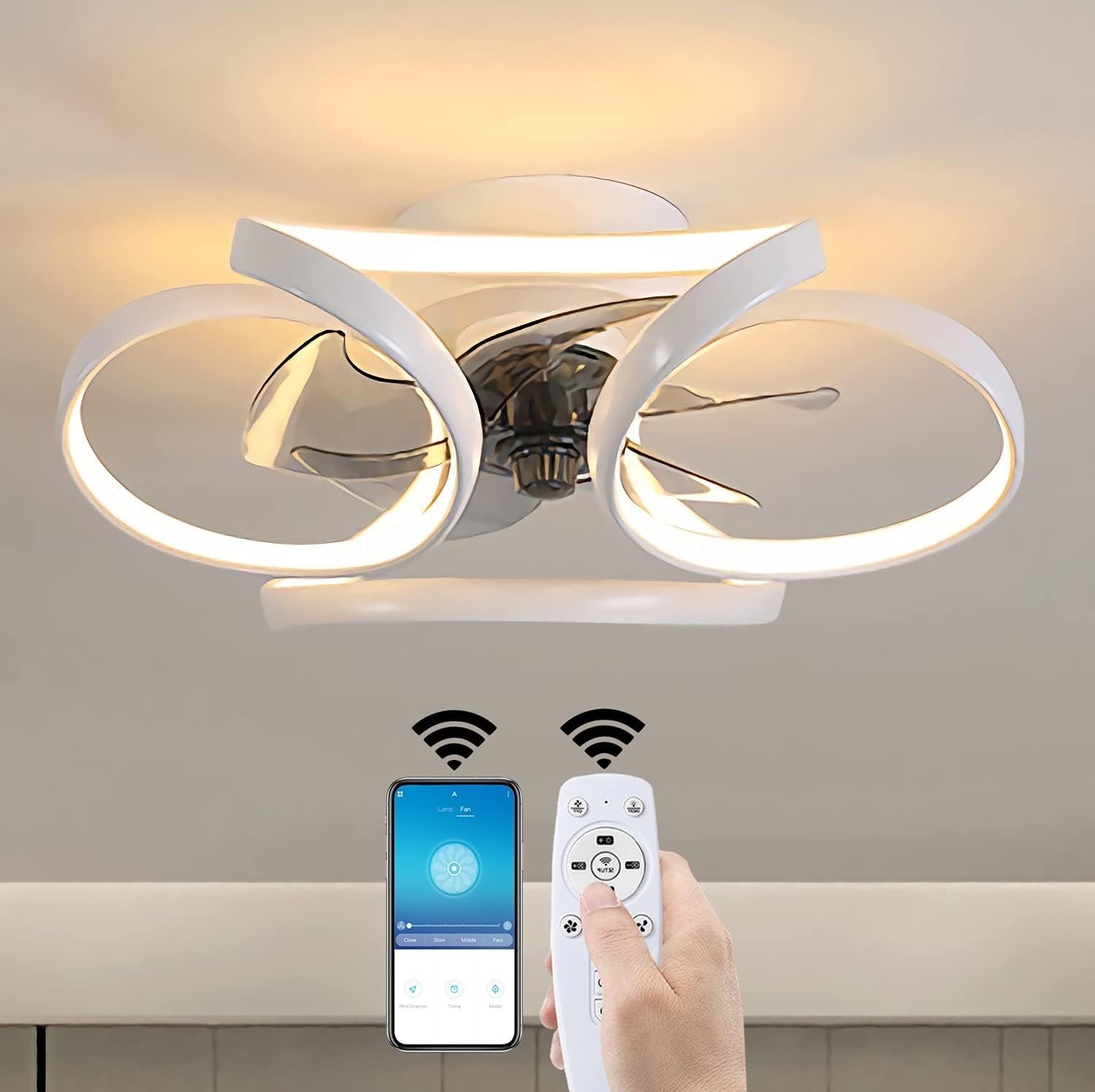 HXYSXHJUO Ceiling fan light Silent illuminated LED dimmable with remote control and APP for living room bedroom office white/black 55 cm/60W (White)