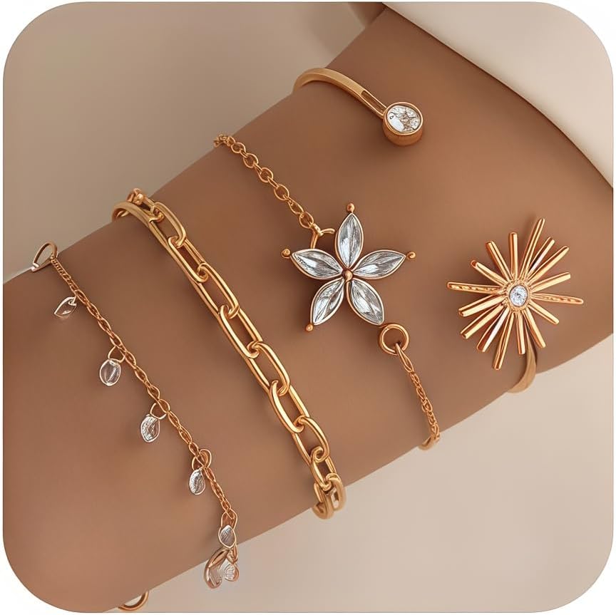 Stackable Gemstone & Rhinestone Bracelets Set with Faux Pearl Decor | 4pcs Dainty Stacking Cuff Bracelets, Flower Design Water Drill Chain Bracelet for Women - Versatile Layered Jewelry Gift Set