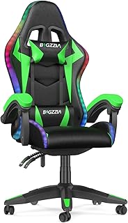 bigzzia RGB Gaming Chair with LED Lights and Ergonomic Computer Chair Reclining PU Leather High Back Video Game Chair with Headrest Adjustable Lumbar Support Linkage Armrest for Adults(Black/Green)