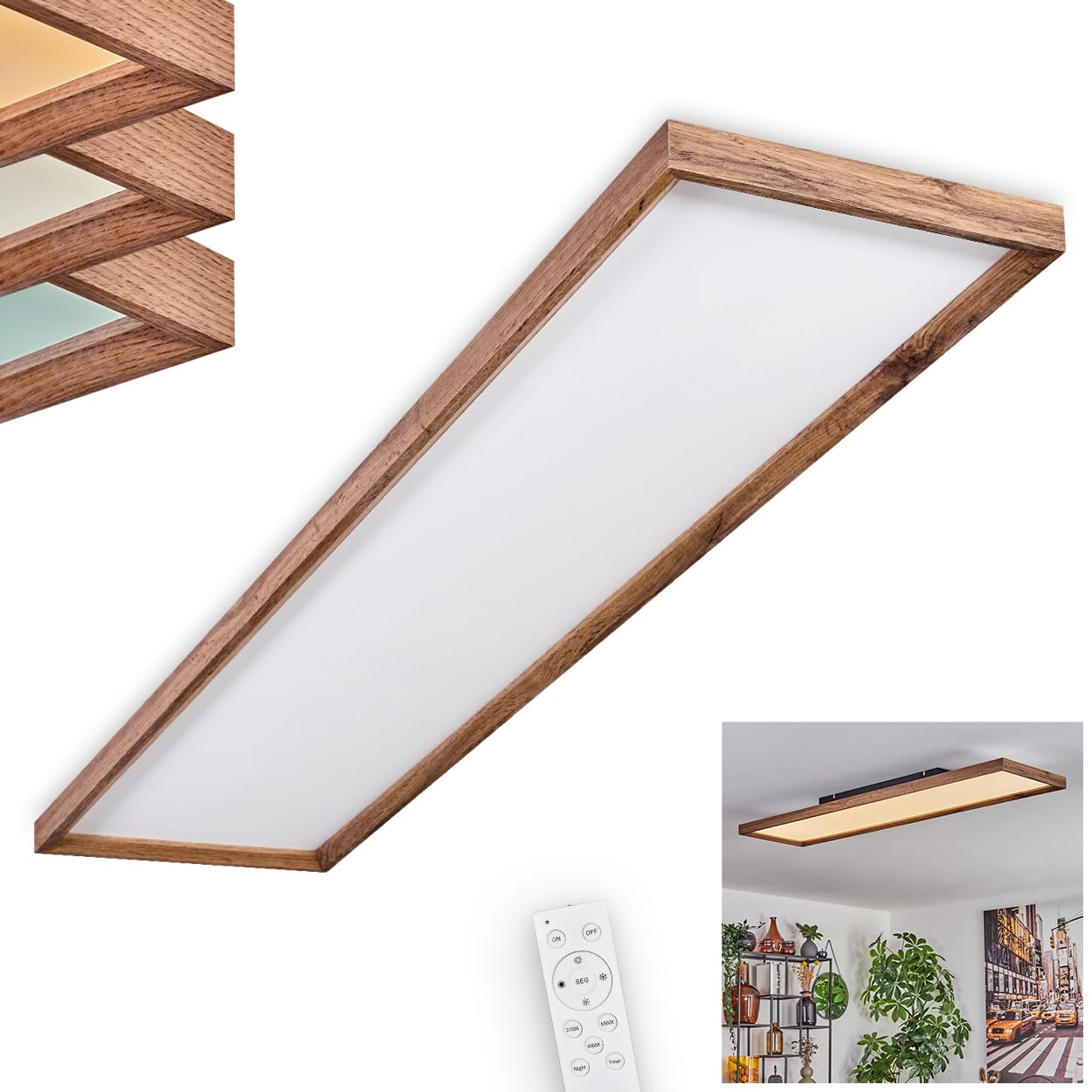 Hofstein Black, Brown Led Ceiling Light Longvic, Dimmable Made Of Metal/Mdf/Plastic In Black/Wood Look/White, 36 Watts, 350-4300 Lumens, 2700-6500 Kelvin, 120 Cm, Dimmable/Light Colour Can Be Changed Via Remote Control