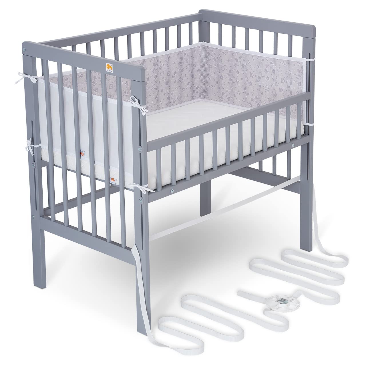 FabiMax Baby Beistellbett für Boxspringbett, TÜV geprüft 2022, inkl. Matratze und Nestchen aus Netzstoff, Buche massiv grau, Classic/graue Blümchen