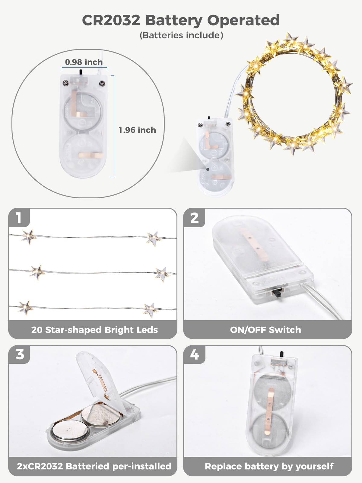 12 confezioni di 20 luci LED a forma di stella, 2 m, a batteria, impermeabili, scintillanti, per fai da te, bottiglie, tavolo, Natale, Ramadan, matrimonio, Halloween, decorazione bianca calda