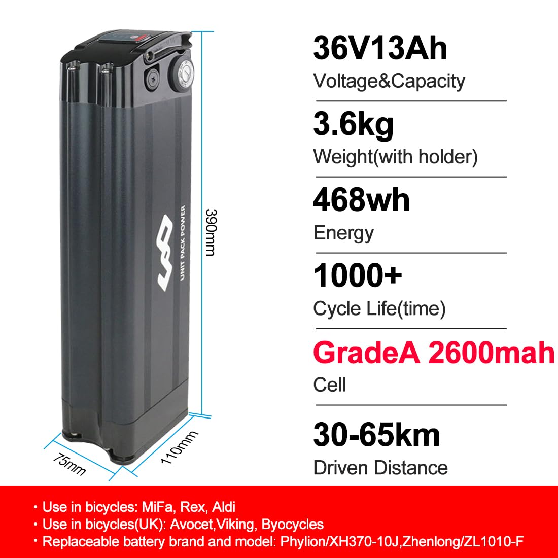 (LG/Cell) Batterie 36V 250W 500W pour vélo électrique - Batterie de Rechange pour vélo Pliable pour XH370-10J MiFa Rex Aldi Phylion Zhenlong/ZL1010-F (Max 500w) (36V 13Ah/Grade A Cell)