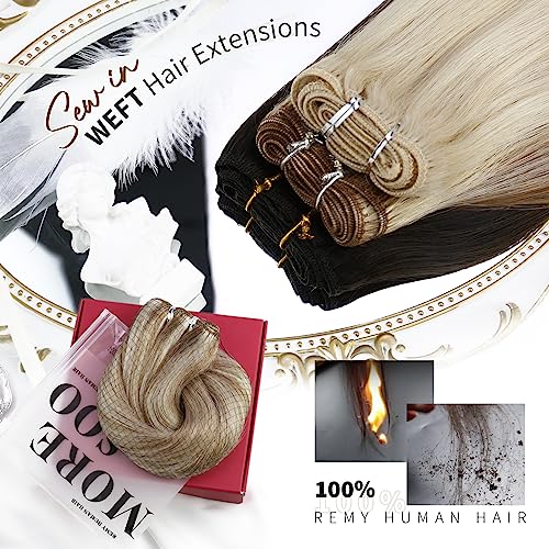 Moresoo Weft Hair Extensions 20 Inch Light Brown Highlighted Platinum Blonde Sew in Double Weft Human Hair Extensions Remy Straight Hair for Women 100g/Pack #P9A/60 - Image 2