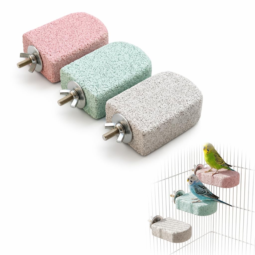 3PCS Pumice Bird Perch Set, Bird Cage, Lava Ledge, Budgie, Bird Perches for Cage, Parrot Beak Grinding Stone with Training Perch for Parakeet, Cockatiel, Small & Medium Parrots, Pink Green Grey
