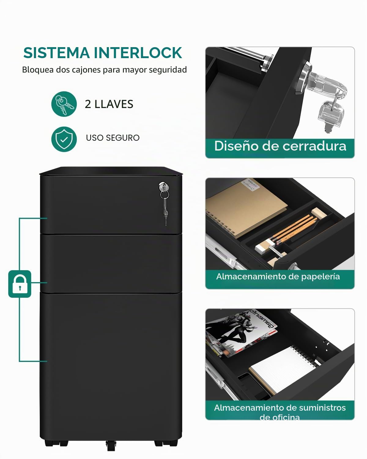 YITAHOME Cajonera Oficina con 3 Cajones, Armario Archivador Móvil con Ruedas, Metalico Mueble Oficina Archivador con Cerradura y Llave para Carta/A4, Negro, 45 x 30 x 61cm