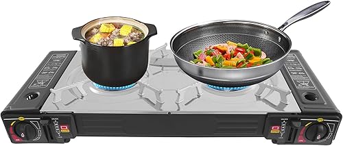 Estufa de butano de 2 quemadores Estufa de camping de butano con bandeja de parrilla y funda de transporte, estufa de camping portátil para viajes
