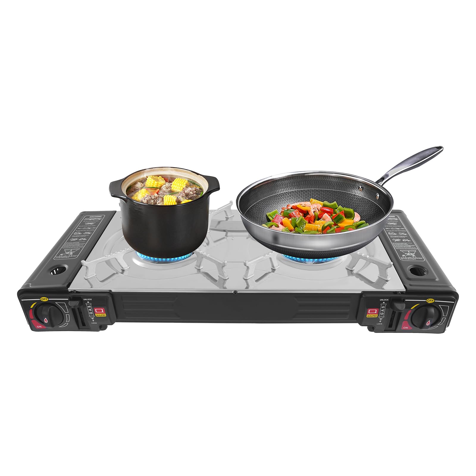 2-Burner Butane Camping Stove, Portable Camping Cooktop, Countertop Double Burner Camp Stove with Baking Pan & Carrying Case, Auto Ignition Camping