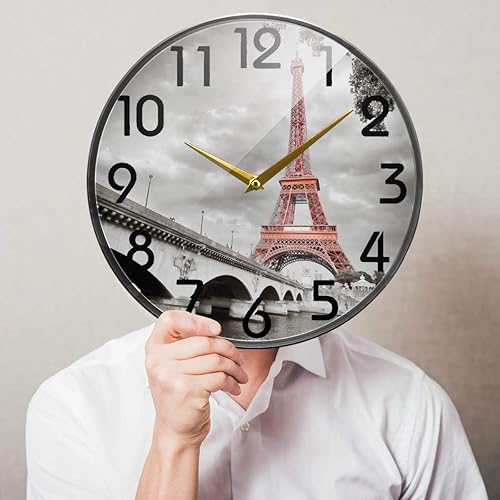 Miniatura 3 de Naanle Reloj de pared redondo con estilo 3D de la Torre Eiffel París en estilo monocromático, silencioso de 9.5 pulgadas, funciona con pilas, de