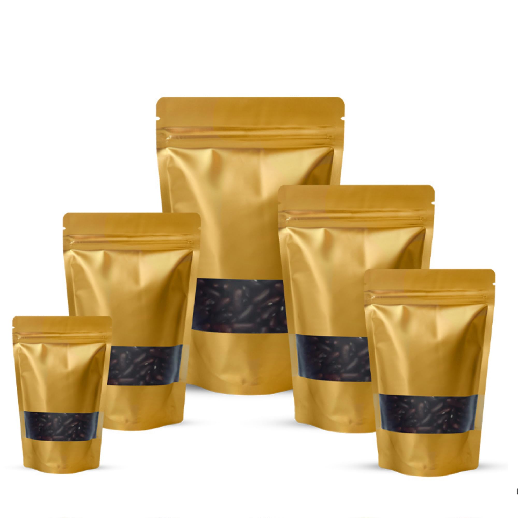 50pcs Window Standup Bags With Window, Resealable Food Bags Ziplock With Window, Sealable Zipper Bags Reusable Mylar Baggies Heat Seal Packaging Bags for Food Storage (Window Gold Matt, 12x20cm)