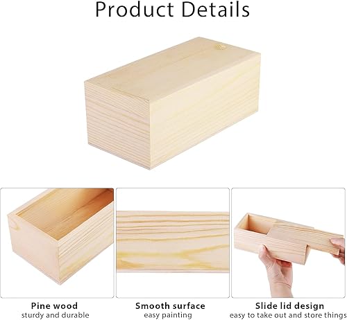 Miniatura 3 de Aodaer Paquete de 3 cajas de madera sin terminar con tapa deslizante, caja de madera de pino en blanco, caja de joyería de madera para