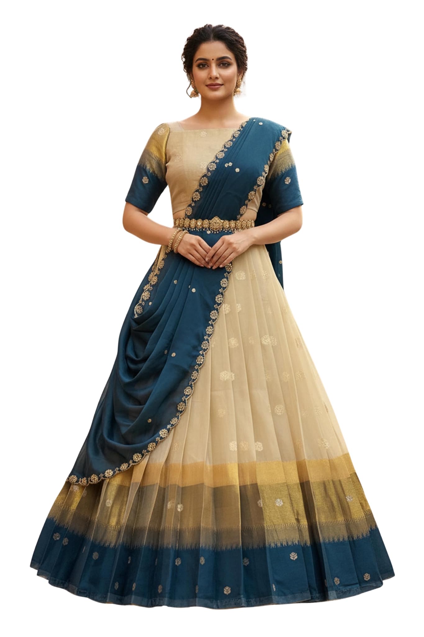 Beautiful South Indian Style Unstitch Lehenga Choli Half Saree with Blouse and Hand Work Dupatta for Women | PL245-image-12