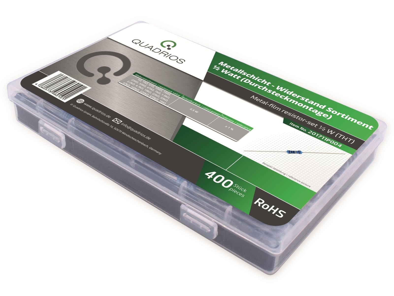 QUADRIOS GmbH Widerstands-Set: Metallschicht-Widerstände, 400 Teile, 0,5 W, 1% Toleranz, 20 Werte (E96) in Aufbewahrungsbox