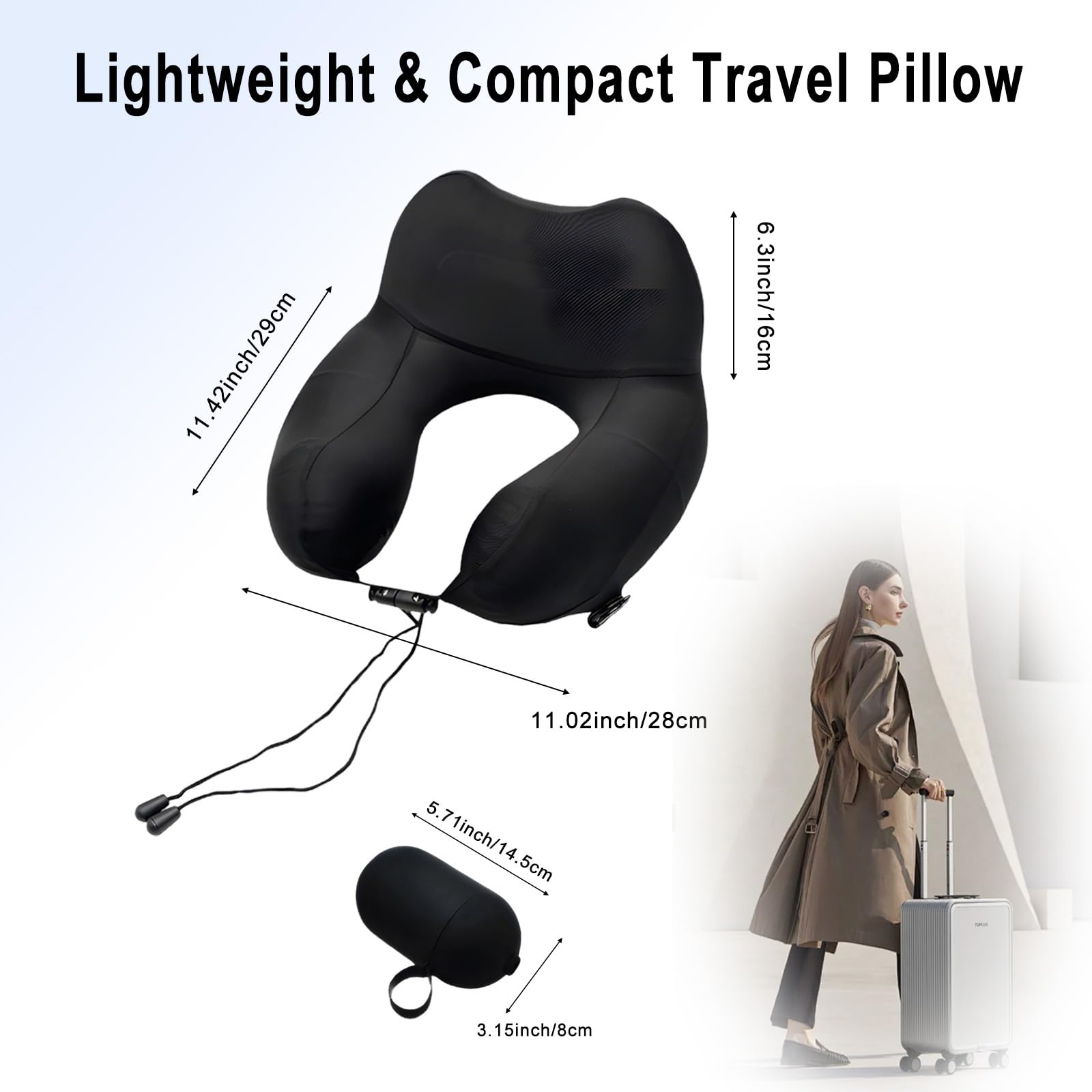 Devineresse Cuscino per il collo gonfiabile, con pompa a mano e scatola, 16 cm, supporto per il collo, cuscino da viaggio in tessuto fresco ice-touch, cuscino da collo per auto, treno, ufficio (nero)