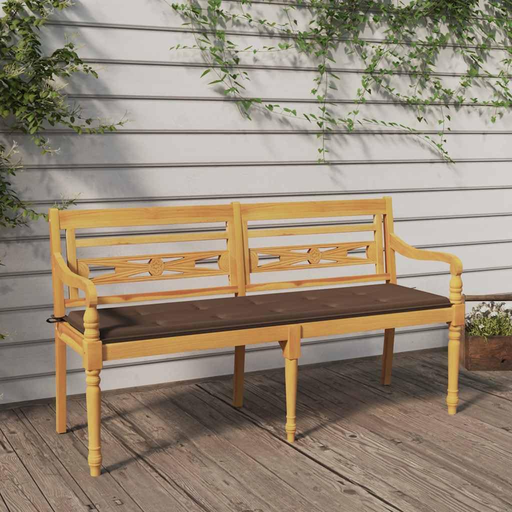 Batavia ławka ogrodowa, 150 cm, lite drewno tekowe z poduszką w kolorze taupe, odporna na warunki atmosferyczne, siedzisko z podłokietnikami i oparciem, na balkon, taras i do ogrodu przed