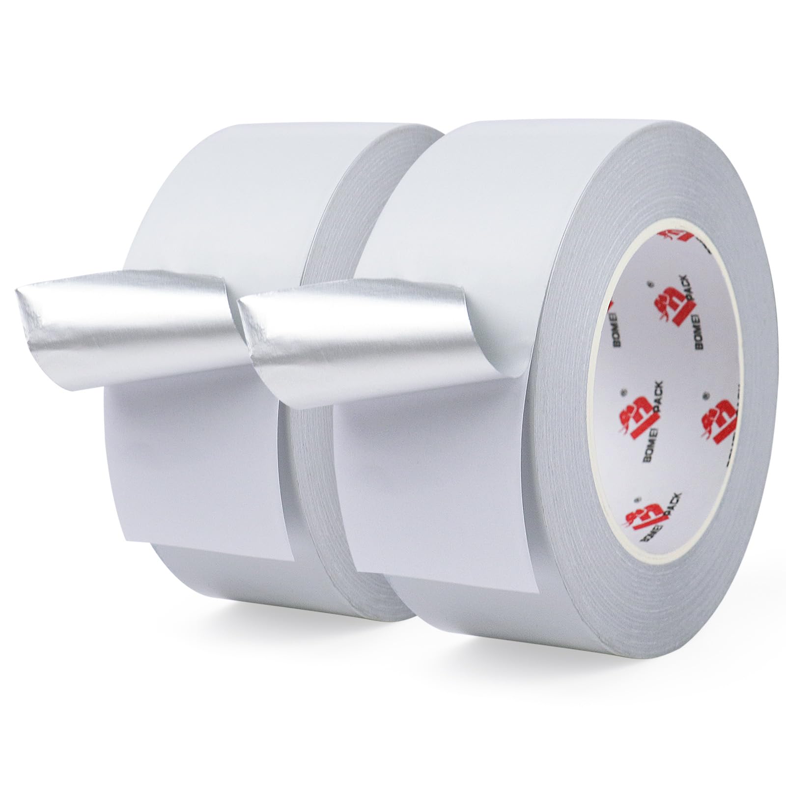BOMEI PACK 2 Rolls White Aluminum Foil Tape 50 mm x 50 m Heat Resistant High Temperature Foil Tape 2 inch Pipes Repairing Insulating Heating Ventilation HVAC Ducts Fixing
