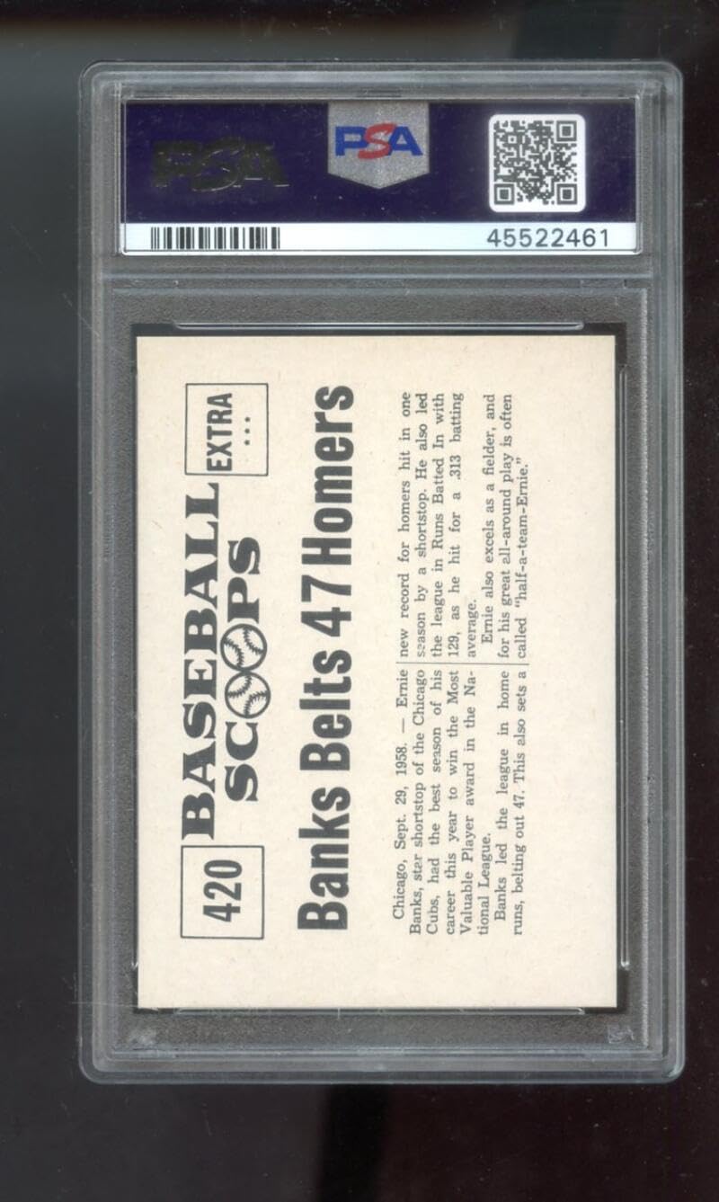 1961 Nu-Card Baseball Scoops #420 Ernie Banks Belts 47 Homers Earns M.V.P. Award PSA 8 Graded Card MLB MVP