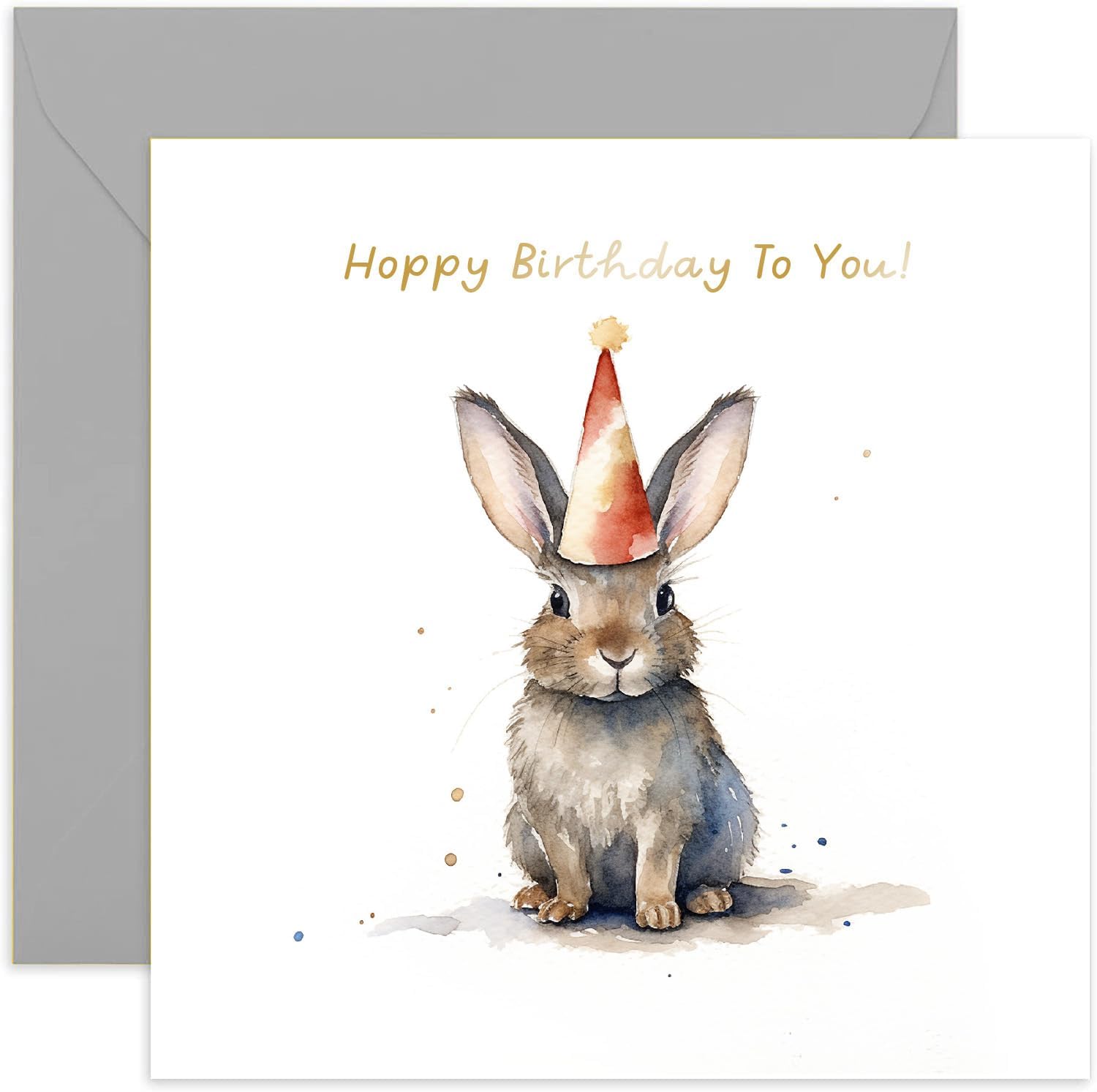 Old English Co. Hoppy Birthday Card for Her - Fun Rabbit Bunny Party Hat Birthday Card for Mum, Dad, Daughter, Son - Gold Foil Birthday Card for Women