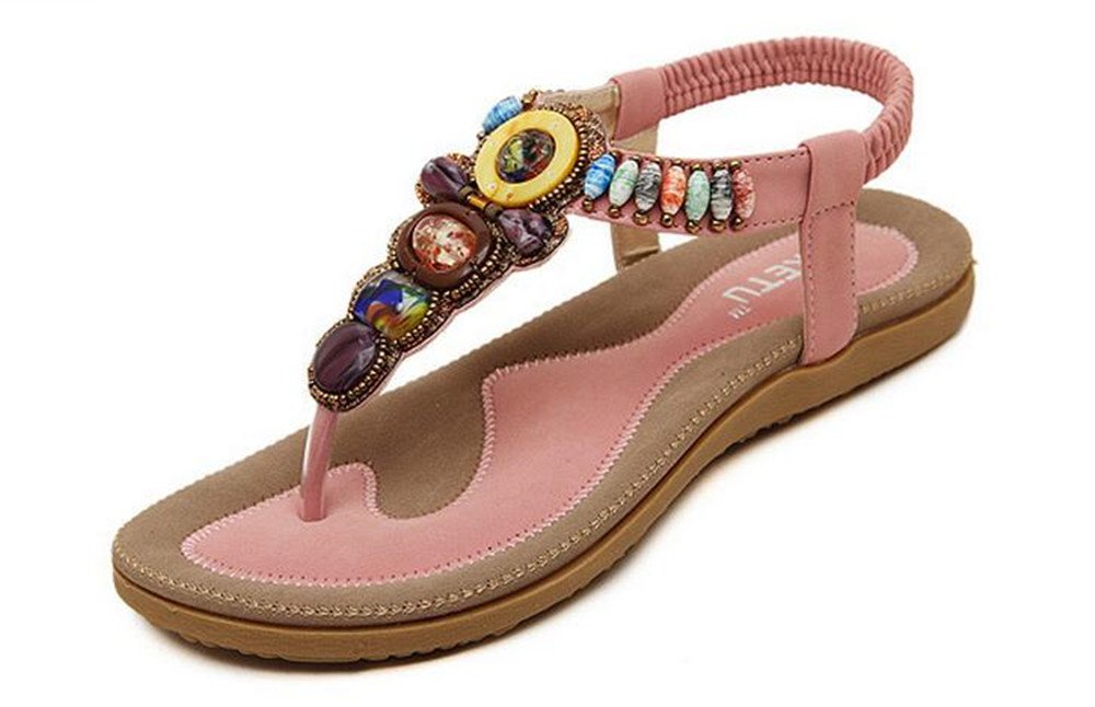 Life Plaza Women Bohemian Flat Bead Sandal Gladiator Shoes Rhinestone Thong Yoga Flip Flops