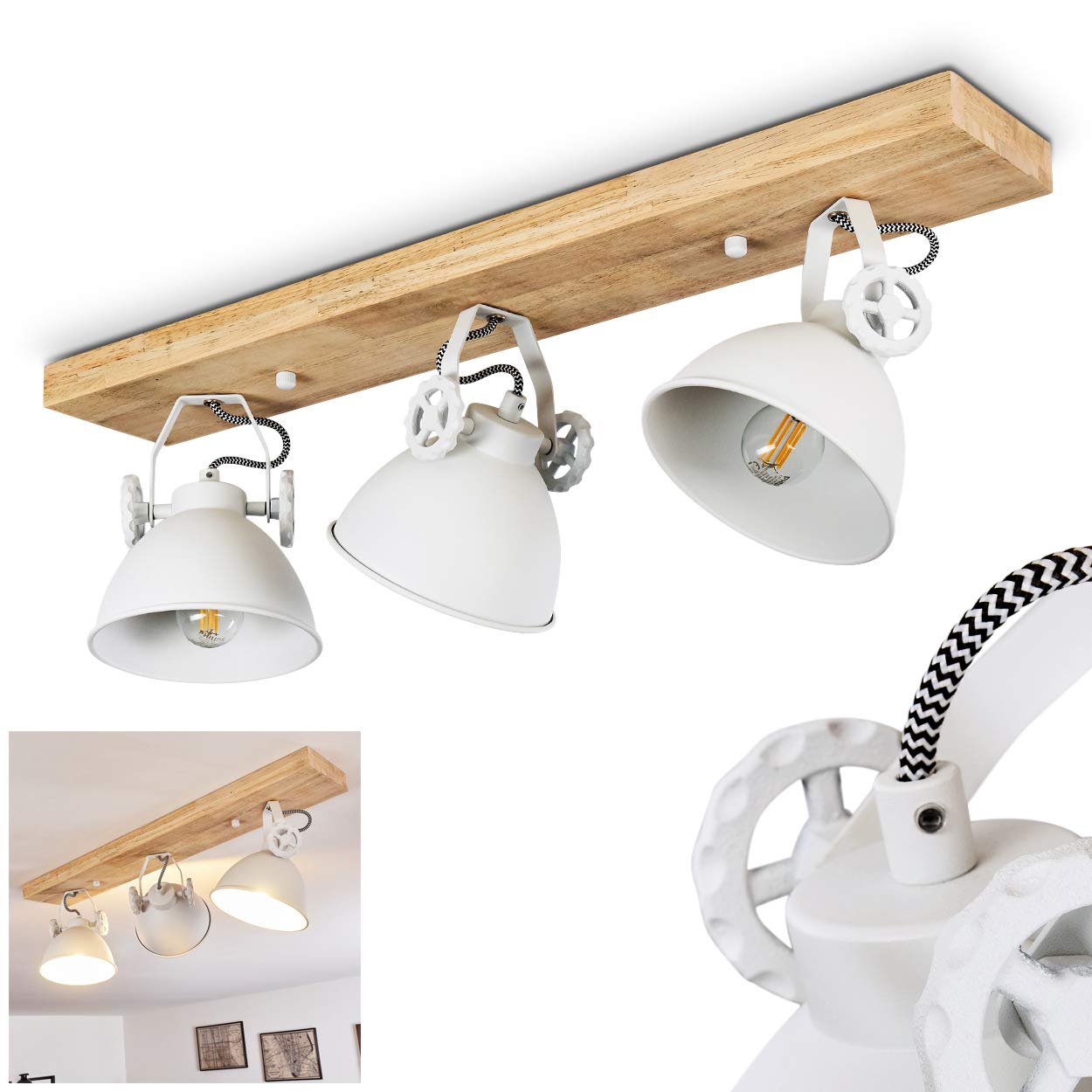 Hofstein Brown, White Ceiling Lamp Svanfolk, Metal/Wood Ceiling Lamp In White/Nature, 3-Flame, With Adjustable Spotlights, 3 X E14 Socket, Retro/Vinatge Design, Without Bulbs