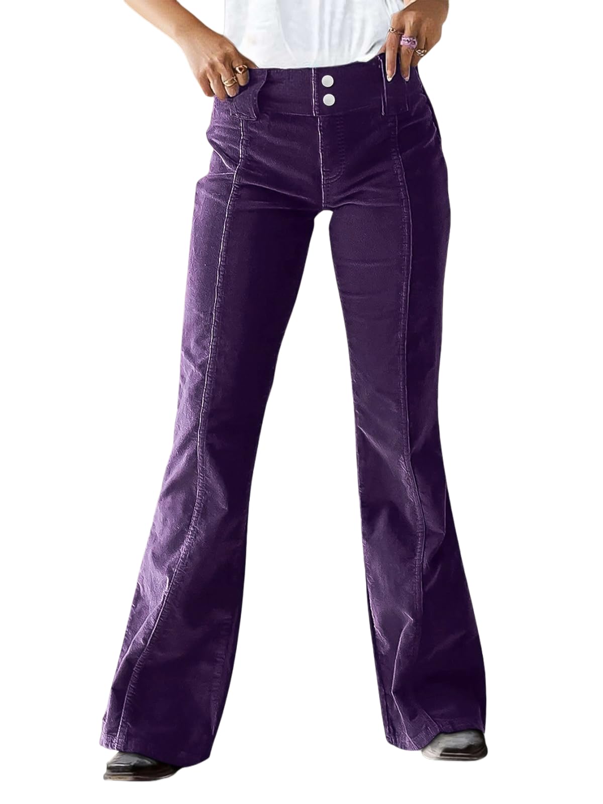 Flamingals Flare Mid Waist Corduroy Seam Front Dual Button Pants for Women