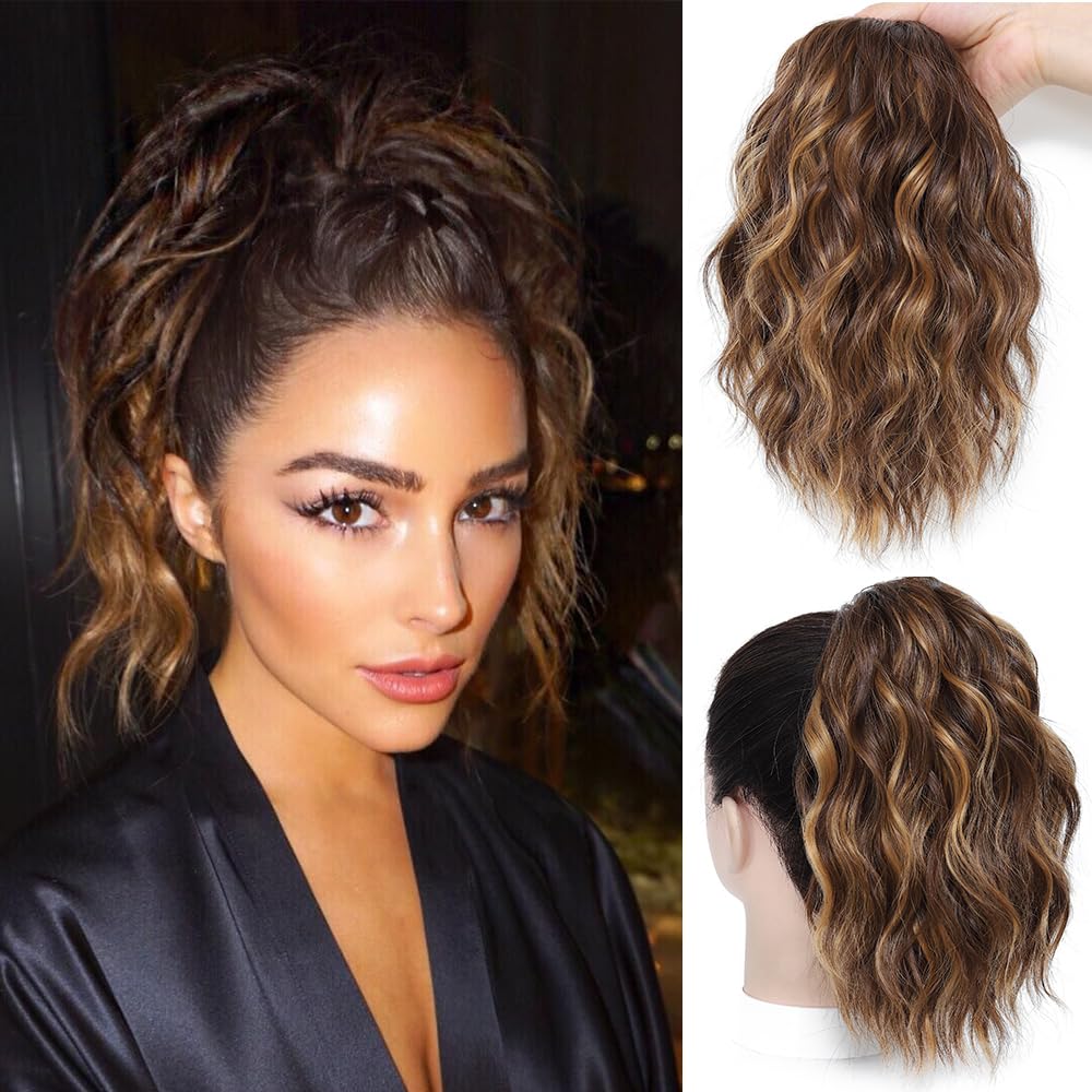 Photo 1 of AFNOTE Ponytail Extension,12 Inch Drawstring Ponytail Hair Extensions for Women Synthetic Curly Wavy Fake Pony Tails Hair Pieces for Daily Party Use (Chestnut Brown Mix Golden Highlights)
