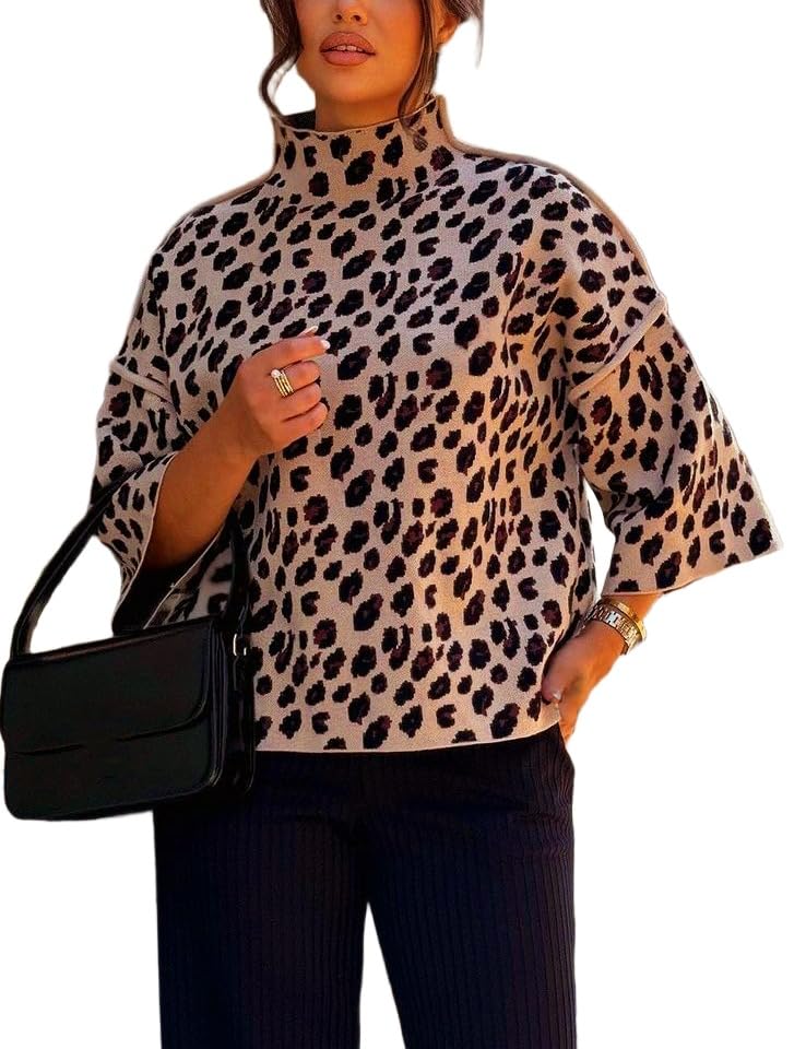 Kinghua Leopard Sweaters for Women Fall Winter Trendy Turtleneck Loose Fit Color Block Pullover Knit Tops