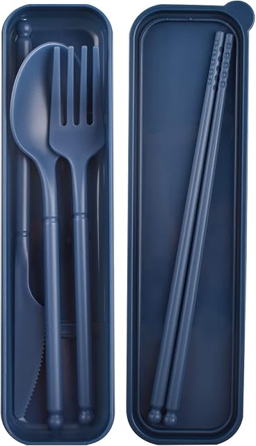 Travel Cutlery Set with Case, Forks Knives and Spoons Set, Plastic Cutlery Set Reusable, Camping Cutlery Set for 1, Portable Cutlery Set for Lunch Box Travel Picnic Office School (Blue)