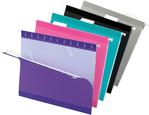 Pendaflex Reinforced Hanging File Folders, Letter Size, 1/5 Cut, Assorted Jewel-Tone Colors, 25/BX (4152 1/5 ASST2)