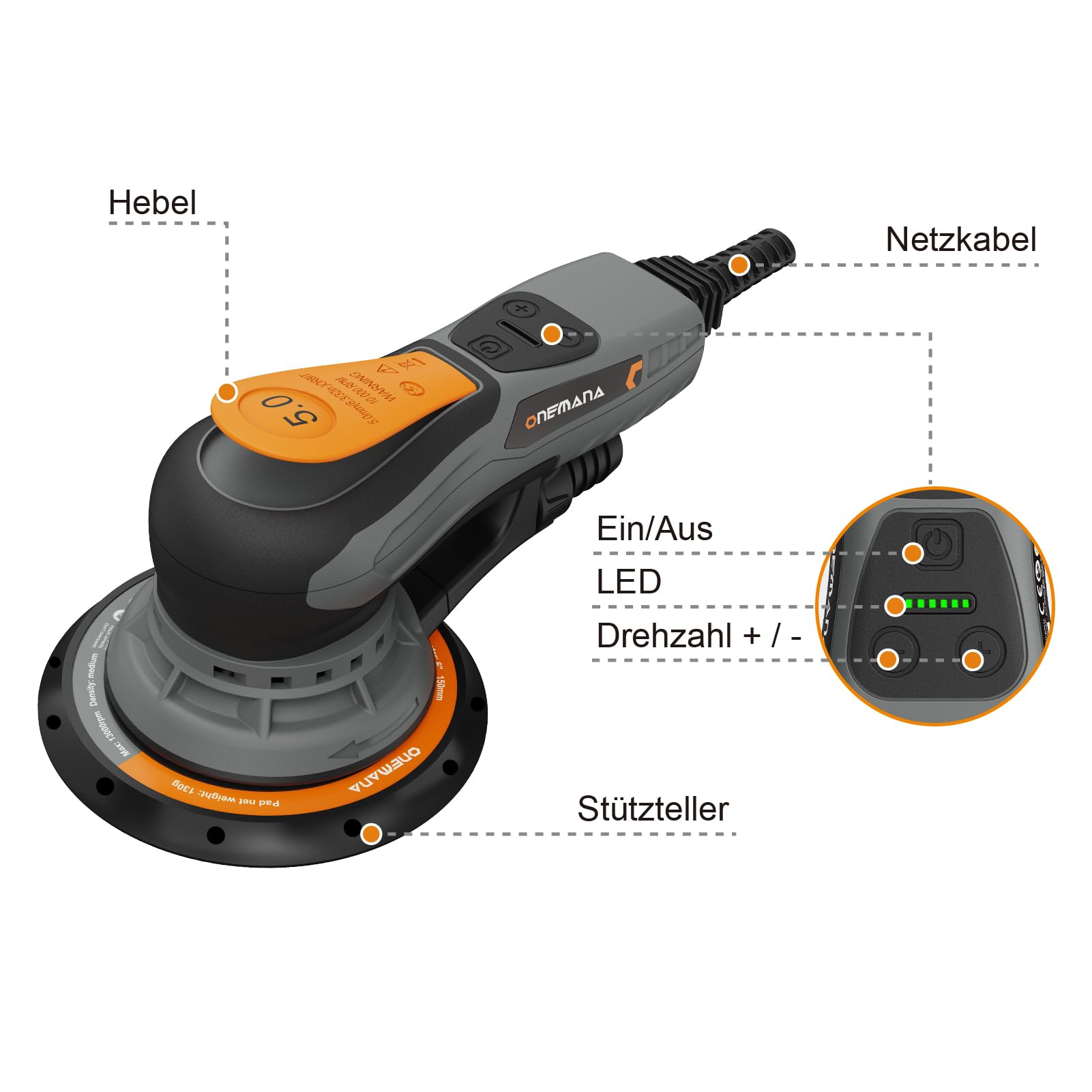 levigatrice rotorbitale 150 mm, brushless, corsa 5,0 mm, 350 W, 6 regimi (4000-10000 rpm), aspirazione polvere, disco 150 mm incl. Rotorbitale: levigatrice orbitale per legno