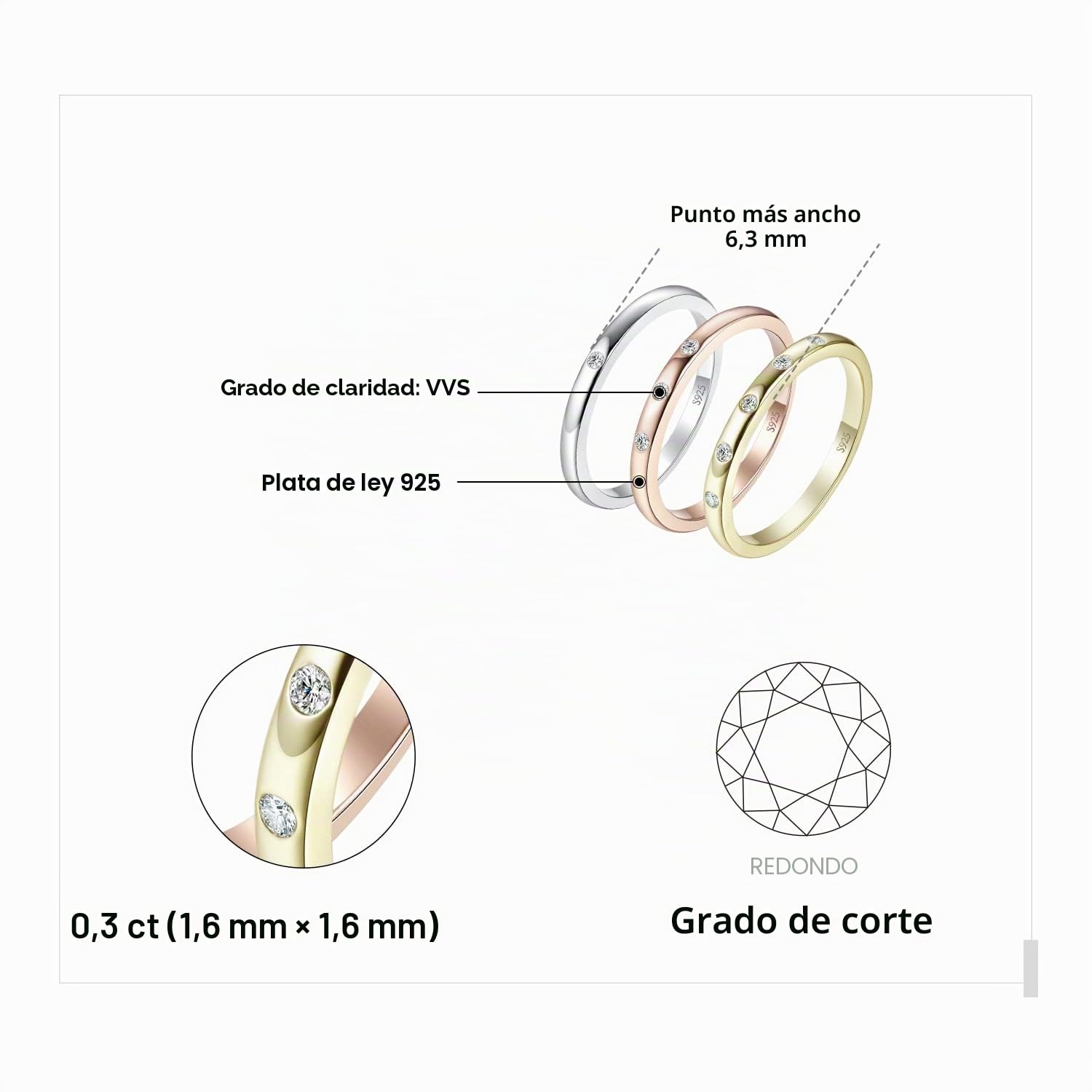 JewelryPalace 3Pcs Anillos Mujer Plata Oro Rosa Chapado en Oro 14k, Pavé Banda de Boda Apilable, Anillo Promesa Clásico Niña Circonitas, Conjunto Anillos Joyas de Mujer