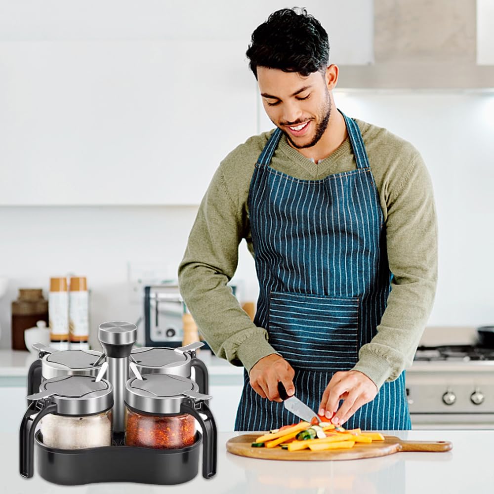 Macetas giratorias para condimentos, azucarero, salero y pimentero con tapa y cuchara, juego de 4 tarros de especias con bandeja giratoria de 360 grados para cocina, 3 ollas + 1 dispensador de