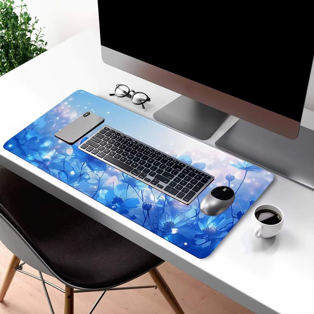Podkładka pod mysz z kwiatami XXL 1000 x 500 x 3 mm niebieska duża podkładka pod mysz, szyte krawędzie, antypoślizgowa mata biurkowa, do PC, MacBooka, przenośna, poprawia dokładność i szybkość r-247