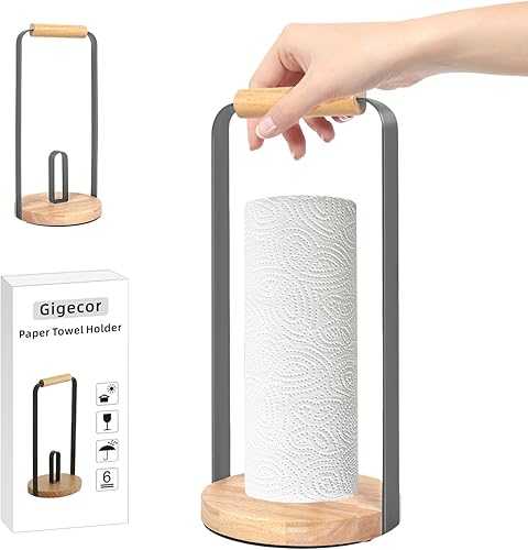 Soporte para toallas de papel de cocina para toallas de papel estándar y de tamaño gigante, con base de madera pesada para operación con una sola