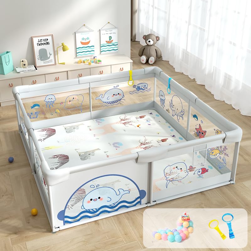 Image of 150x180 cm Playard with Ocean Balls and Anti-Fall Grasp Rings, Large Playpen for Baby up to 5 Years with Safety Lock (NO Mat /Cushion, Non-Foldable) - Grey