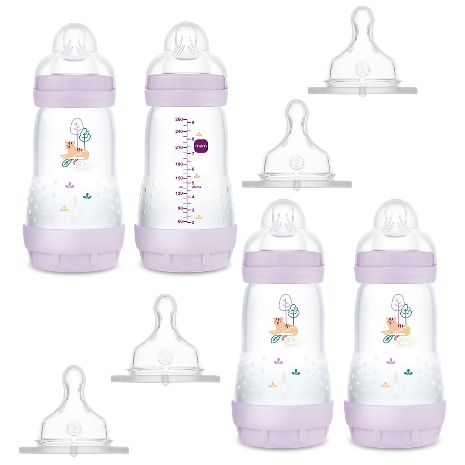 MAM Botella anticólicos, 260 ml, 4 unidades, incluye 8 tetinas, tamaño 1 y 2 desde el nacimiento