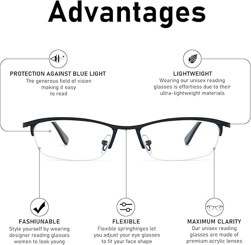 Miniatura 5 de KoKoBin Lentes de lectura de media lectura, 2 pares de lentes de marco de metal, lectores de bisagra de resorte con bolsa de cuero para hombres y