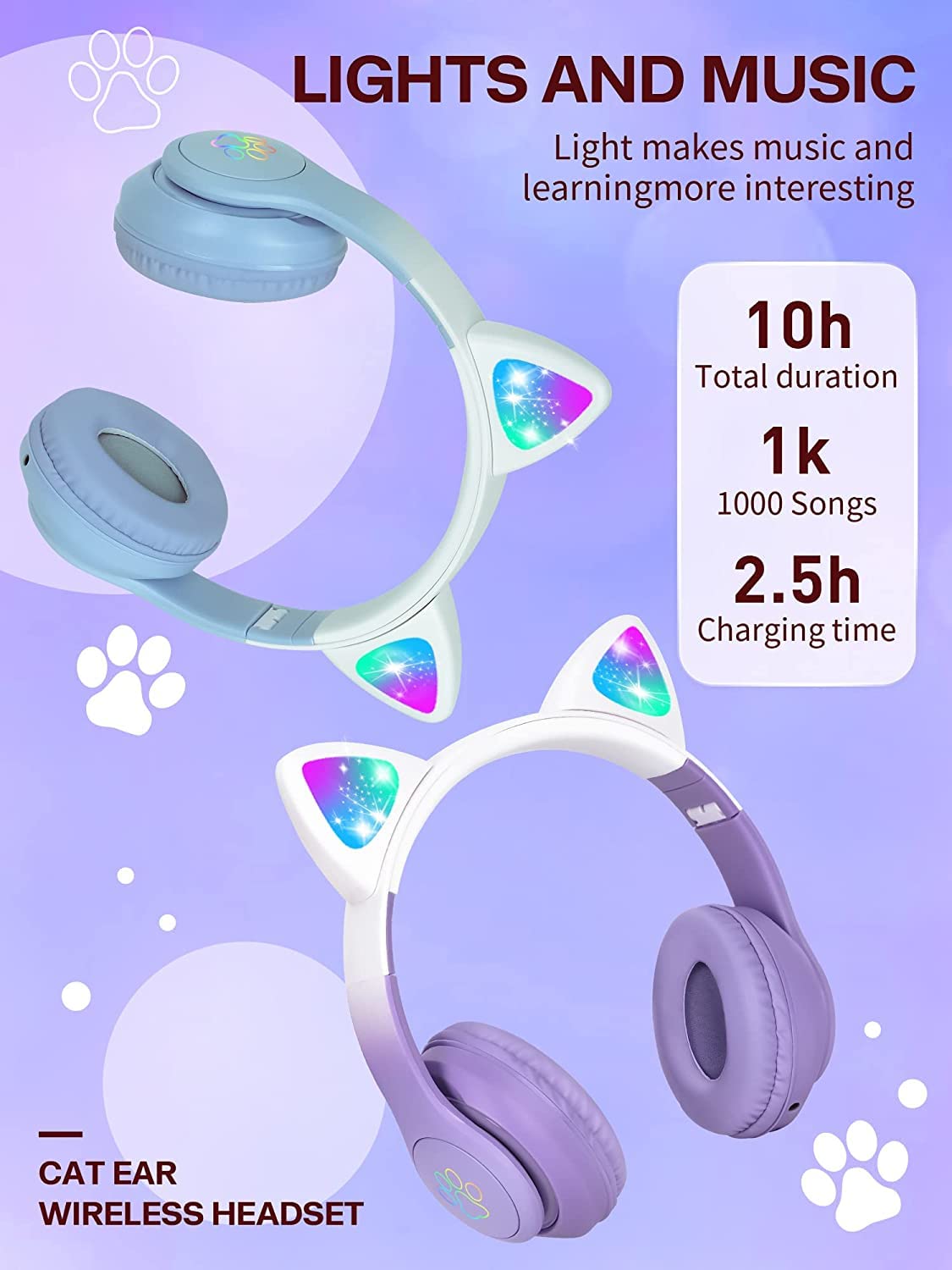 Cadeau Enfant Rose VuyKoo Bluetooth Casque Audio Enfants Avec HD Icrophone/Luières LED, Ecouteurs Enfants Du Oreilles Chat Micro Intégré